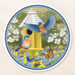 Bluebirds och Tall Gult Birdhouse Underlägg Papper Rund