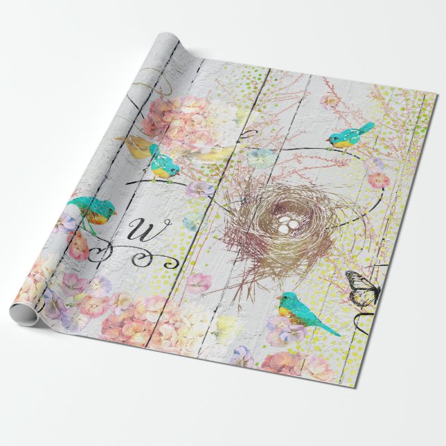 Bluebirds Rosa Hydrangea Birds Nest Monogrammad Presentpapper (Utrullad)