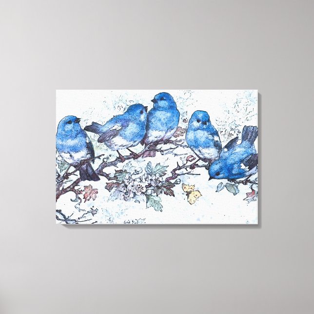 Bluebirds som körts på Blommar av körsbär Canvastryck (Framsida)