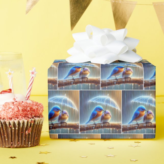 Bluebirds under paraplyer presentpapper (Födelsedagsfest)