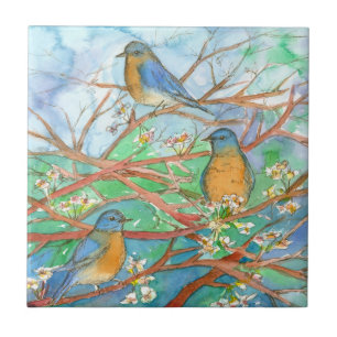 Bluebirds Vår Träd Vita vattenfärgsblommor Kakelplatta