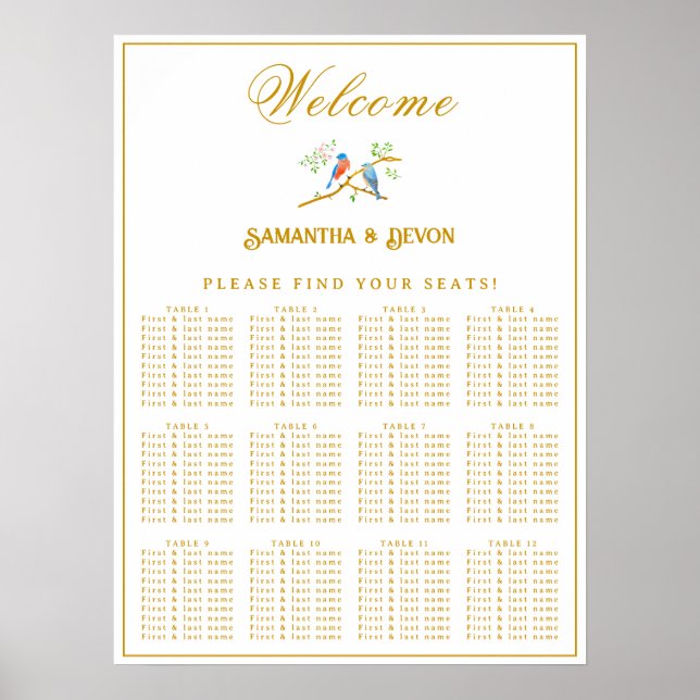 Bluebirds Wedding Seating Chart Poster (Framsidan)
