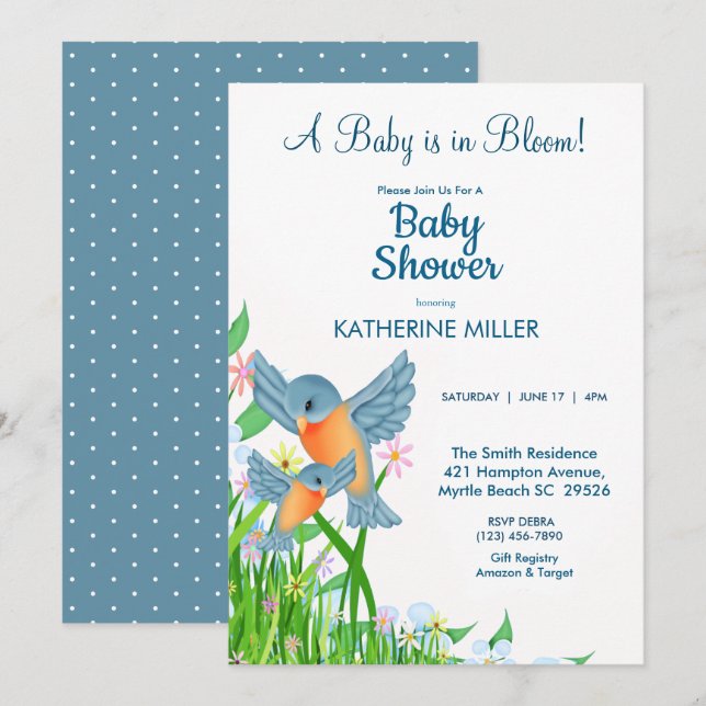 Bluebirds Wildblommor Baby Shower Inbjudningar (Fram/baksida)