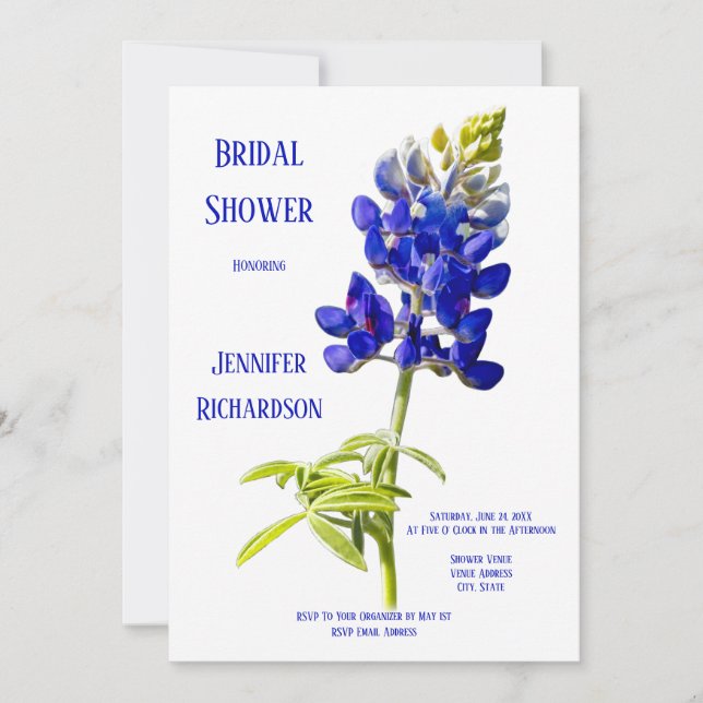 Bluebonnet Blommigt on White, Bröllop Möhippa Inbjudningar (Framsida)