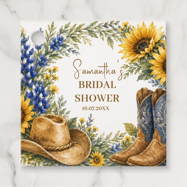Bluebonnet Texas Sunflower Boho Bröllopsdusch Gåvor Etiketter (Framsida)