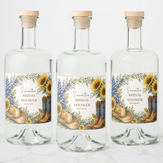 Bluebonnet Texas Sunflower Boho Bröllopsdusch Spritflaskor Etikett (Flaskor)