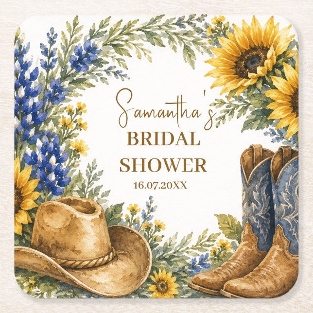 Bluebonnet Texas Sunflower Boho Bröllopsfest Underlägg Papper Kvadrat (Framsidan)