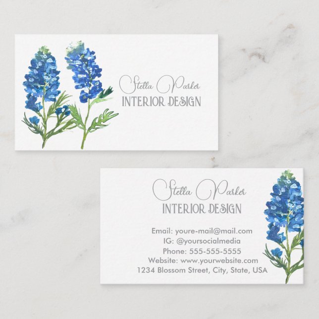 Bluebonnets Elegant Blommig Texas Affärskort Visitkort (Fram/baksida)