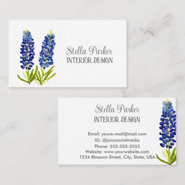 Bluebonnets Elegant Blommig Texas Affärskort Visitkort (Fram/baksida)