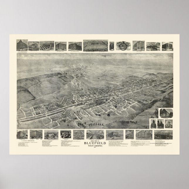 Bluefield, WV Panoramic Karta - 1911 Poster (Framsidan)