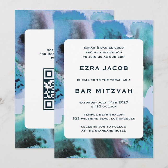 BlueGreen Watercolor-Anpassningsbar QRCode Pub Bat Inbjudningar (Fram/baksida)