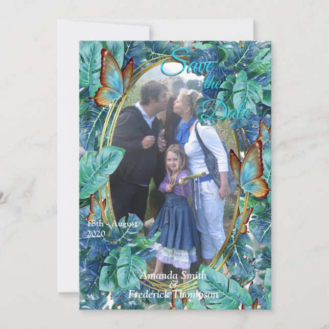 Blueish Turcos Monstera Lövs & Butterflies Inbjudningar (Framsida)