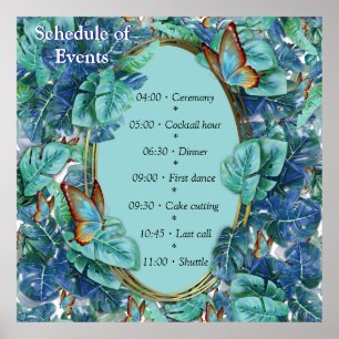 Blueish Turcos Monstera Lövs & Butterflies Poster