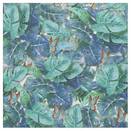 Blueish Turcos Monstera Lövs & Butterflies Tyg