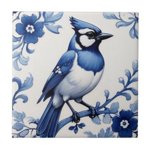 BlueJay Bird Delft Blue och White Asian Blommigt Kakelplatta