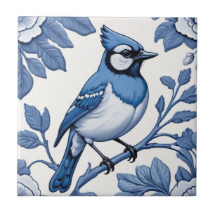 BlueJay Bird Delft Blue & White Asian Blommigt Jay Kakelplatta