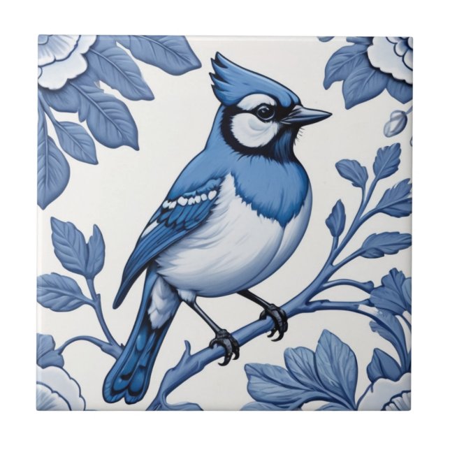 BlueJay Bird Delft Blue & White Asian Blommigt Jay Kakelplatta (Framsidan)