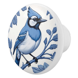BlueJay Bird Delft Blue & White Asian Blommigt Jay Knopp