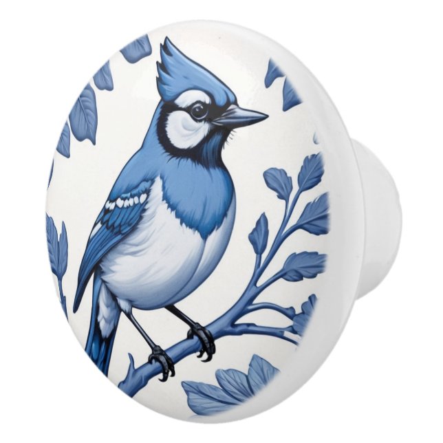 BlueJay Bird Delft Blue & White Asian Blommigt Jay Knopp (Höger)
