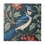 Bluejay Bird William Morris stil Höger Blue Jay Kakelplatta<br><div class="desc">"classy Classic art nouveau",  "bluejay blue jay Bird",  "sage grönt woodland animals",  "william morris ceramic tile",  "leafy mörk navy blue",  "snyggt red forest träd löv",  "höger vänt mot vintagar",  "wildlife farm animal on gren",  "nature blommigt botanical",  "löv" blommor traditionellt antika"</div>