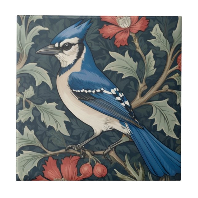 Bluejay Bird William Morris stil Lämnat Blue Jay Kakelplatta (Framsidan)