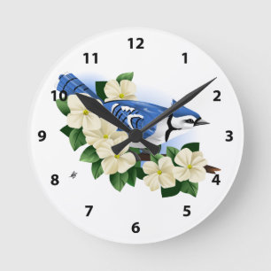 Bluejay och Dogwood Flower Rund Klocka