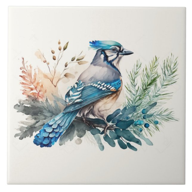 Bluejay på Gren Watercolor Kakelplatta (Framsidan)