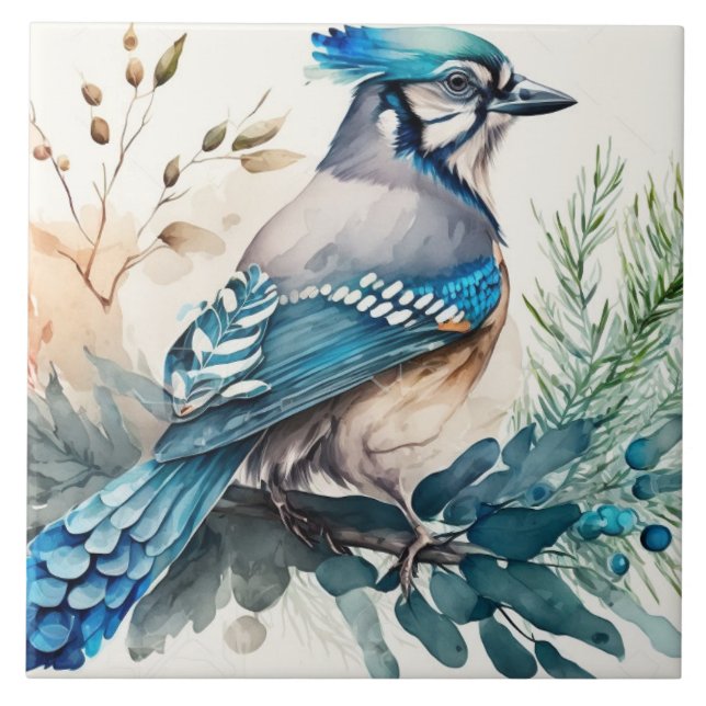 Bluejay på Gren Watercolor Kakelplatta (Framsidan)