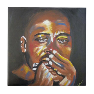Blues Harmonica Musician African Art Tile Kakelplatta