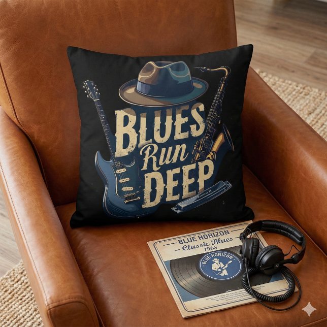 Bluesmusik Retro Estetik Vintage Jazz Kudde (Blues Music Retro Aesthetic Vintage Jazz Throw Pillow Mockup A)