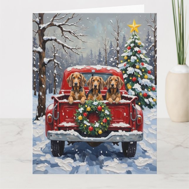 Bluetick Coonhound Christmas Red Truck Holiday Kort (Framsida)