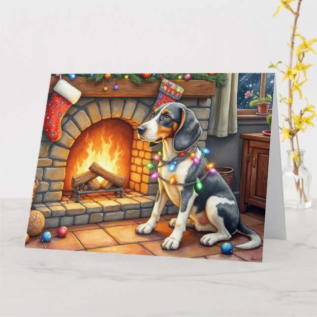 Bluetick Coonhound Fireplace with Christmas Lights Kort (Gul blomma)