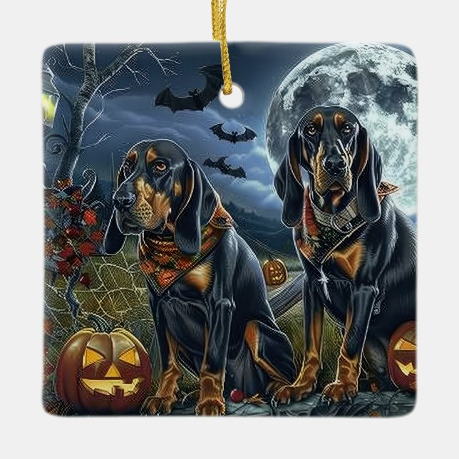 Bluetick Coonhound Halloween Spooky Julgransprydnad Keramik (Framsida)