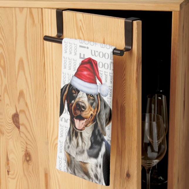 Bluetick Coonhound Hund i Santa Hat Woof jul Kökshandduk (Thirds Fold)