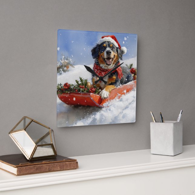 Bluetick Coonhound Hund i Sledge jul Fyrkantig Klocka (Kontor)