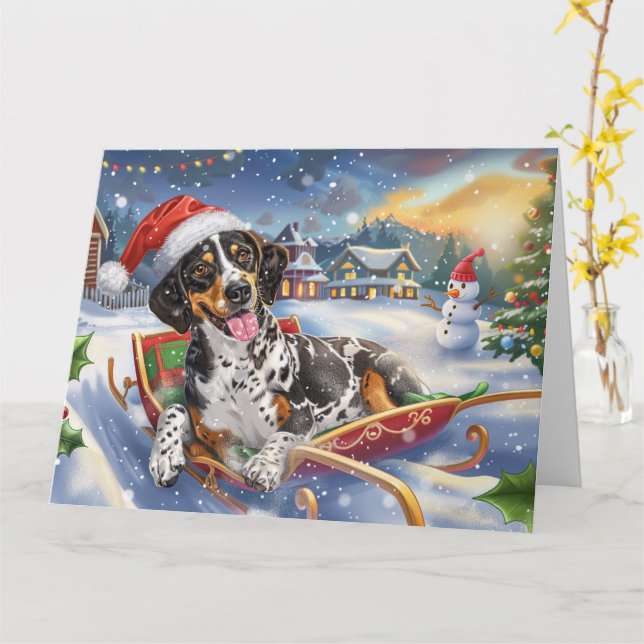 Bluetick Coonhound Hund i Sleigh Snö jul Kort (Gul blomma)