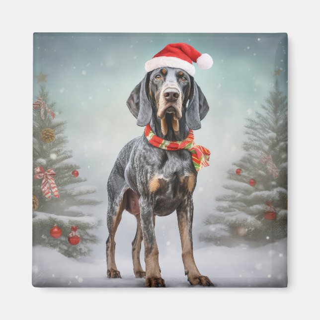 Bluetick Coonhound Hund i Snö jul Magnet (Framsidan)