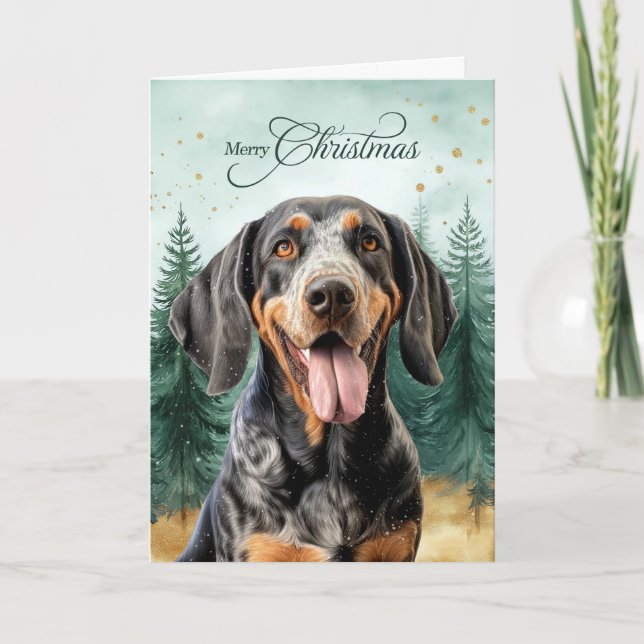 Bluetick Coonhound Hund och Vinter Skog Helgkort (Framsida)