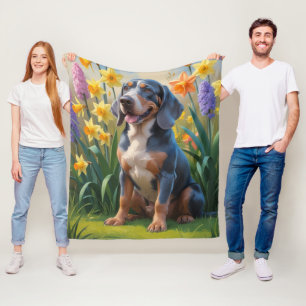 Bluetick Coonhound Hund Vårblommor Målning Fleecefilt