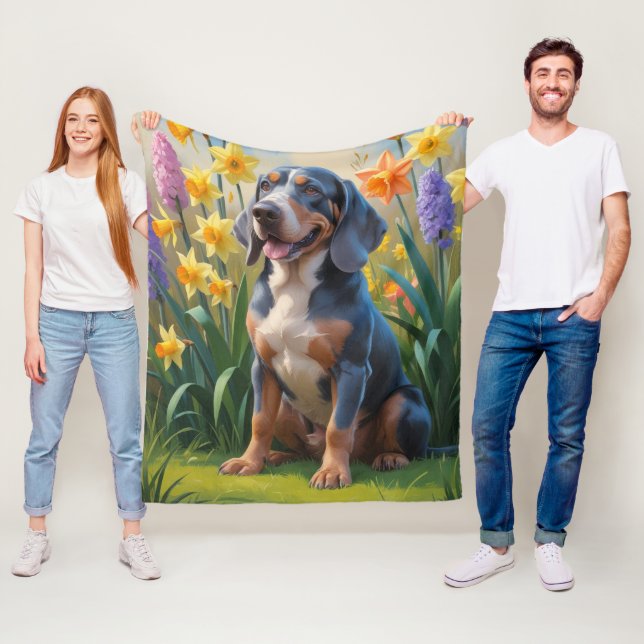 Bluetick Coonhound Hund Vårblommor Målning Fleecefilt (På plats)