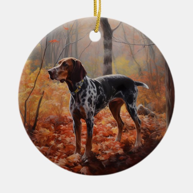 Bluetick Coonhound i Höst löv Fall Inspire Julgransprydnad Keramik (Framsidan)