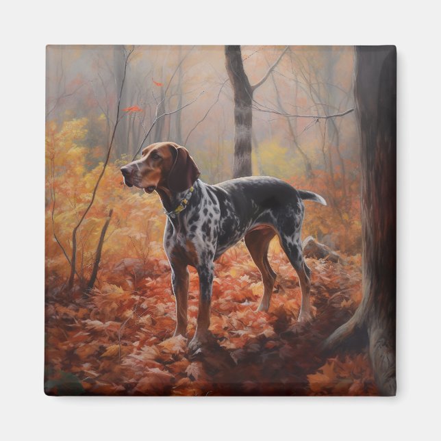 Bluetick Coonhound i höstlöv Fall Inspire Magnet (Framsidan)