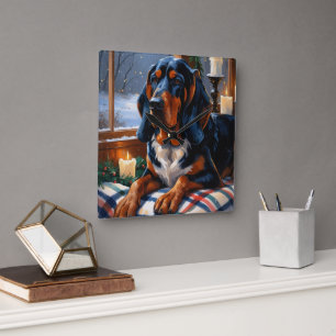 Bluetick Coonhound med julbelysning firande Fyrkantig Klocka