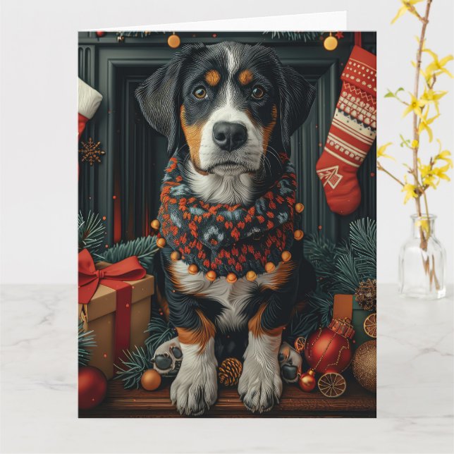 Bluetick Coonhound med julklappar Kaminen Kort (Gul blomma)