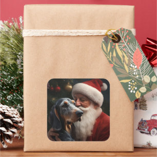 Bluetick Coonhound med Tomte Jul Fyrkantigt Klistermärke