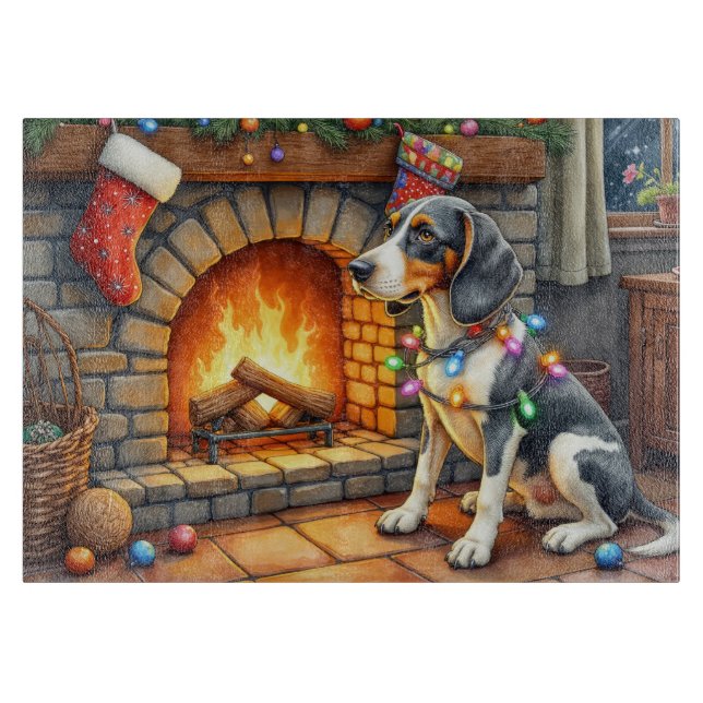 Bluetick Coonhound Öppen spis med julbelysning (Framsidan)