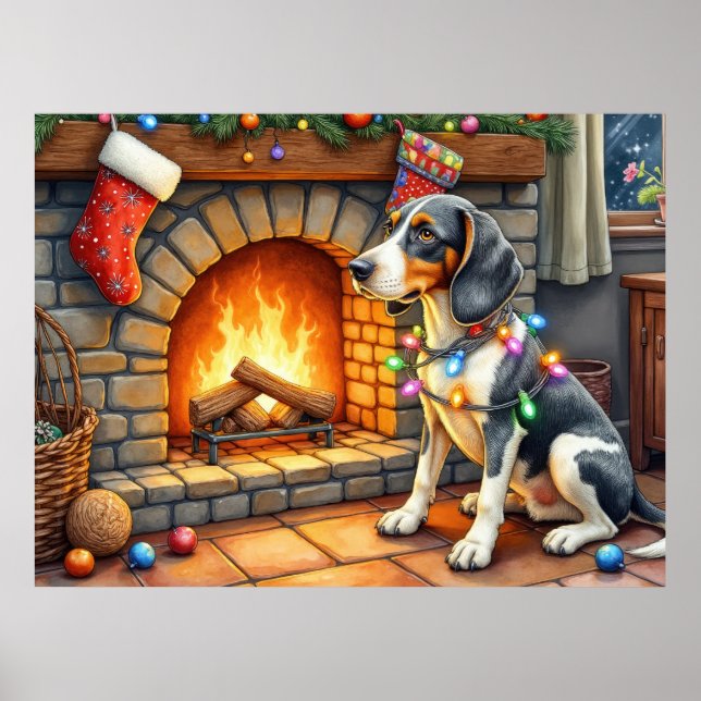 Bluetick Coonhound Öppen spis med julbelysning Poster (Framsidan)