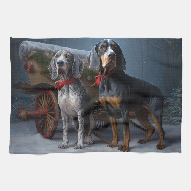 Bluetick Coonhound Snöig släde juldekoration  Kökshandduk (Horisontell)