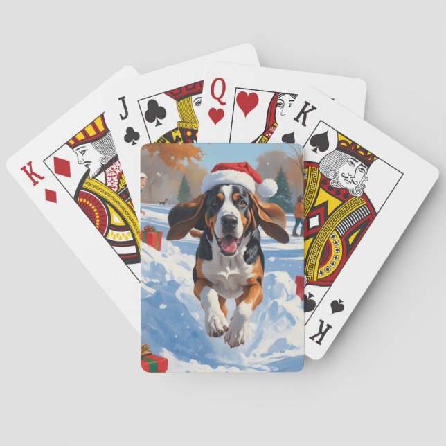 Bluetick Coonhound som går i Snö med jul Casinokort (Baksidan)