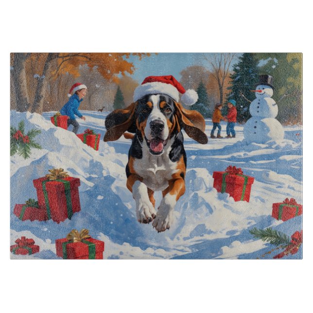 Bluetick Coonhound springer i snö med jul  (Framsidan)